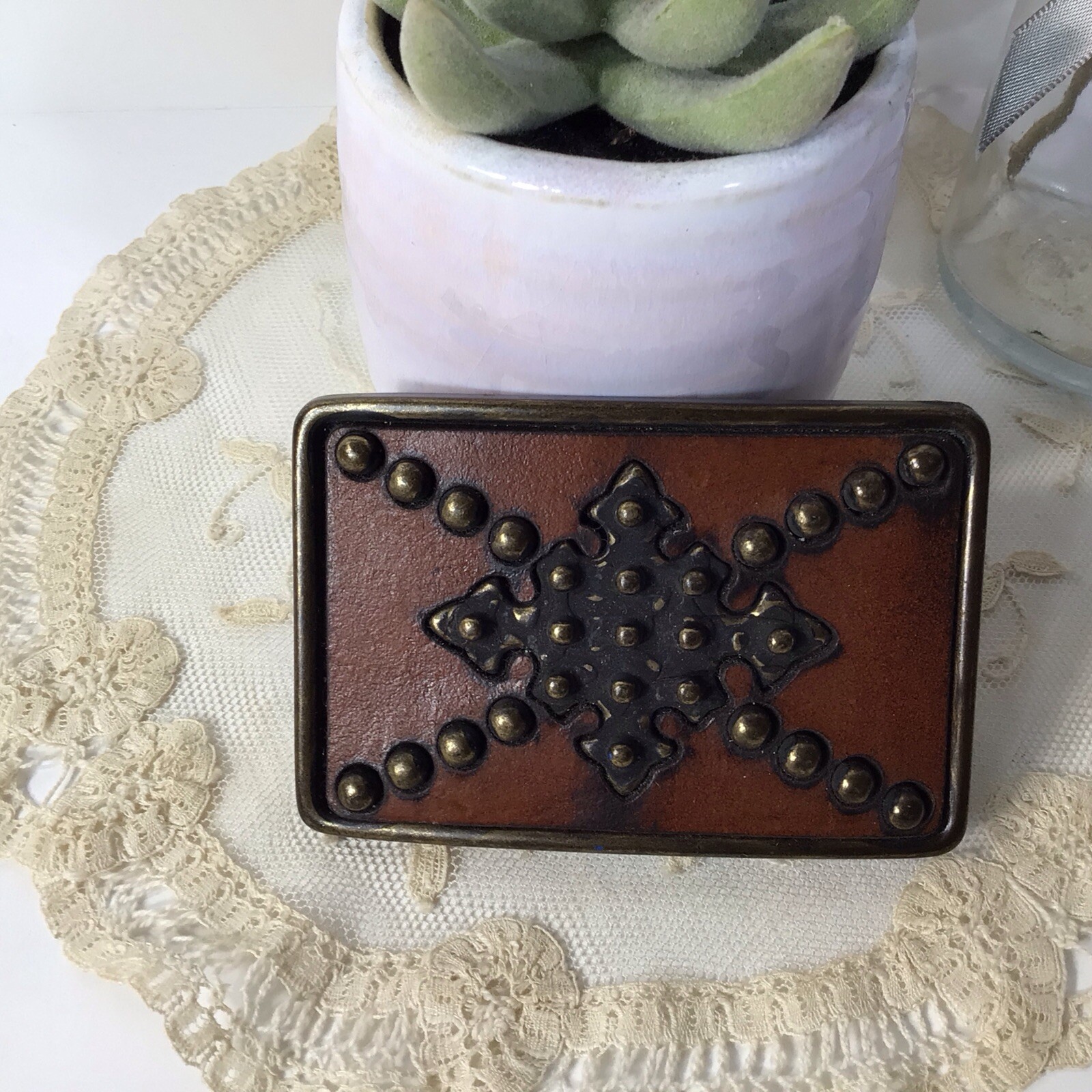 Brass Leather & Studs Belt Buckle~Brown/ Gold Handcrafted ~UNIQUE ~FREE SHIPPING
