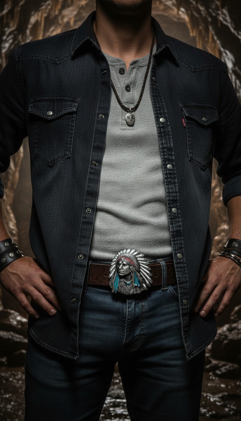 Men Silver Metal Western Fashion Belt Buckle Cowboy Native American Indian Face