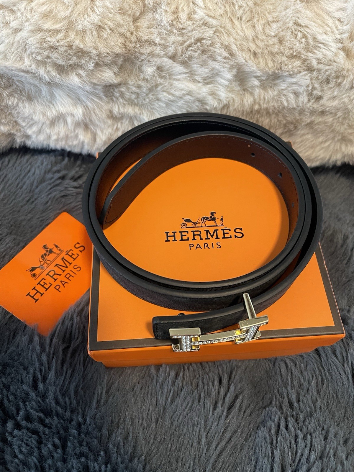 Hermes Look Black Charcoal Belt Gold Diamanté H Buckle With Box Size 34 Inch