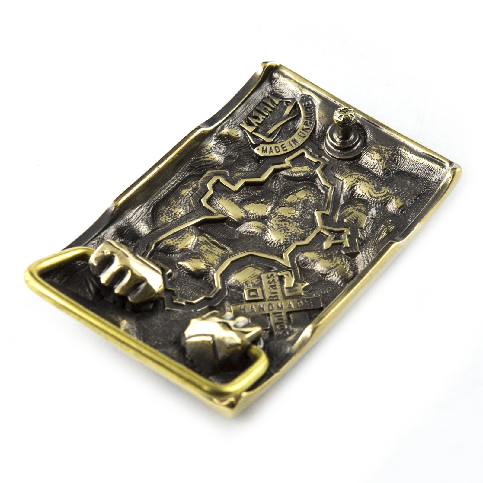 Brass belt buckle Guardians, Military, Cossack and Lion, Ukrainian belt buckle