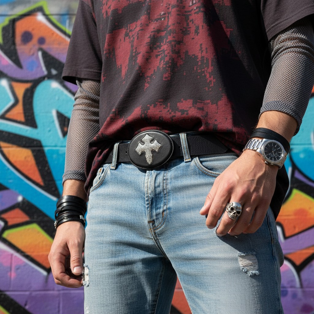 Men Women Fashion Black Oval Belt Buckle Silver Metal Bling Cross Religious Look