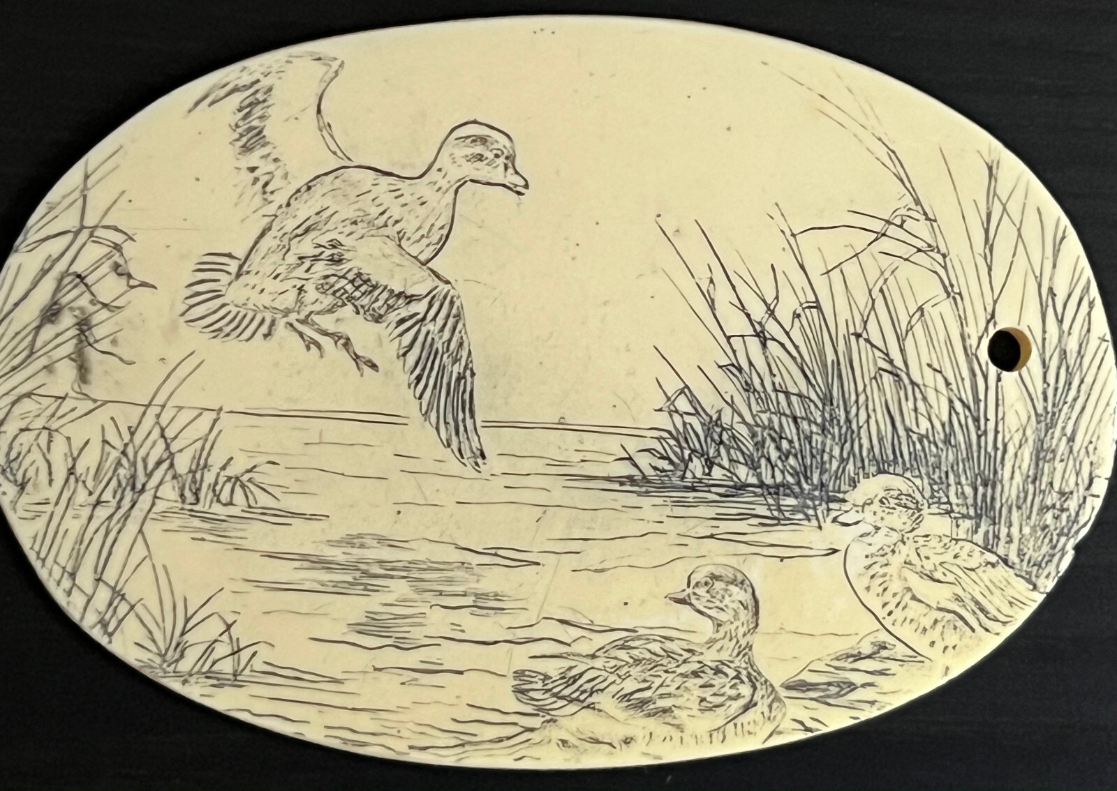 VTG Faux Bone Scrimshaw Carved Wild Goose Scenery&Display Stand/was Belt Buckle?