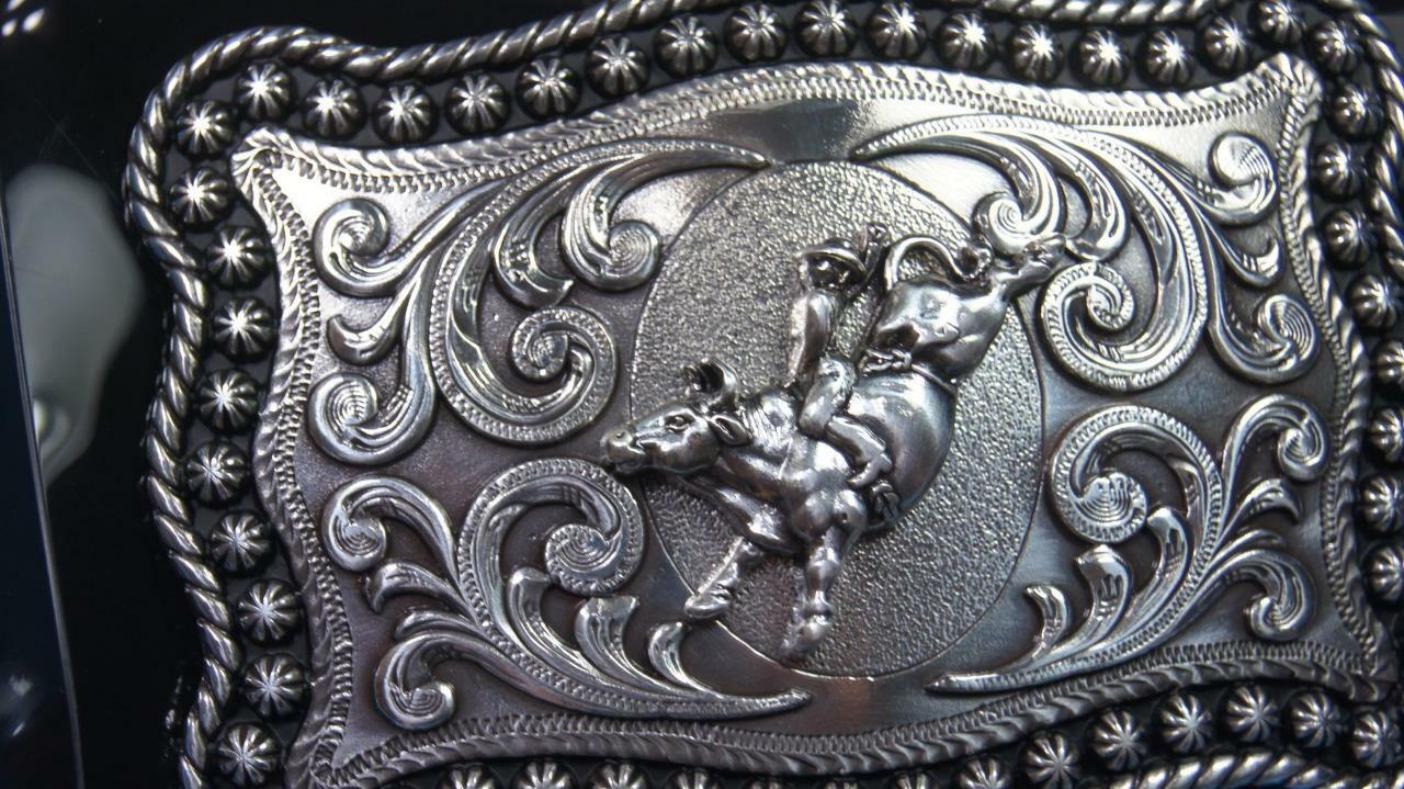 Nocona Western Belt Buckle Bull Rider Rope Edge Rectangular Silver Tone 3759002