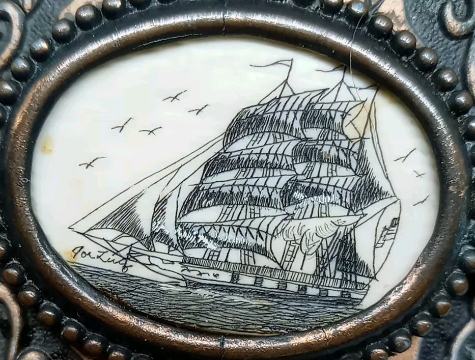 Vtg. 1970s Sailing Ship Belt Buckle W Birds. Brass Plated Metal. Ornate Edges.