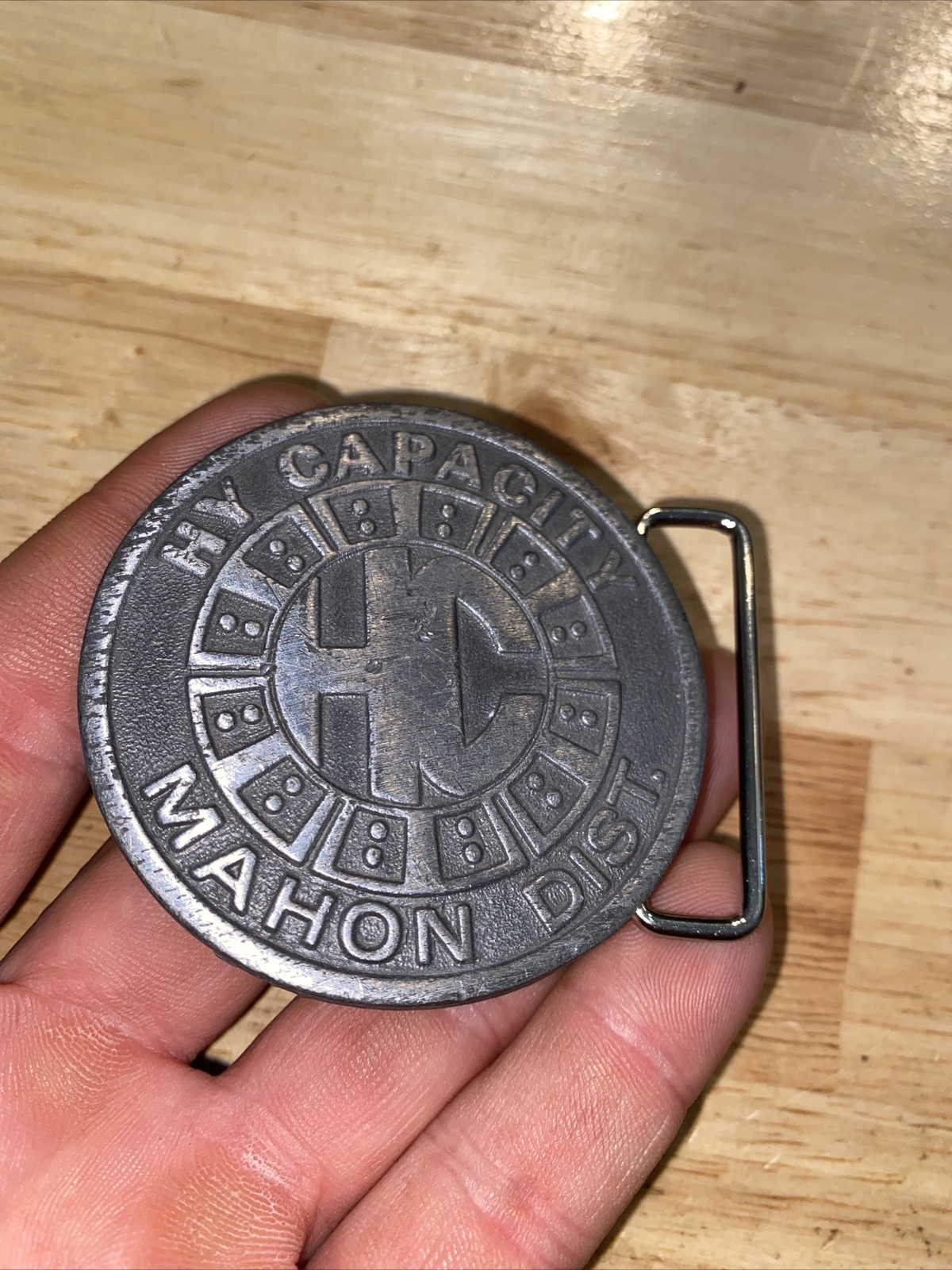 HY Capacity Belt Buckle Collector SOLID METAL Man Cave Patina Mahon Dist. BROKEN