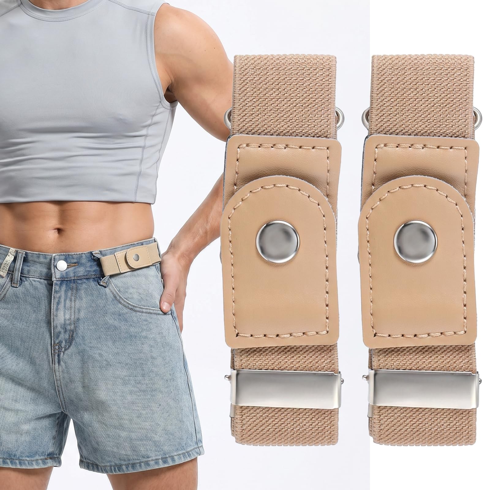 Ptwola 2 Pcs Men Side Belts No Buckle Elastic Belt Without One Size, Beige