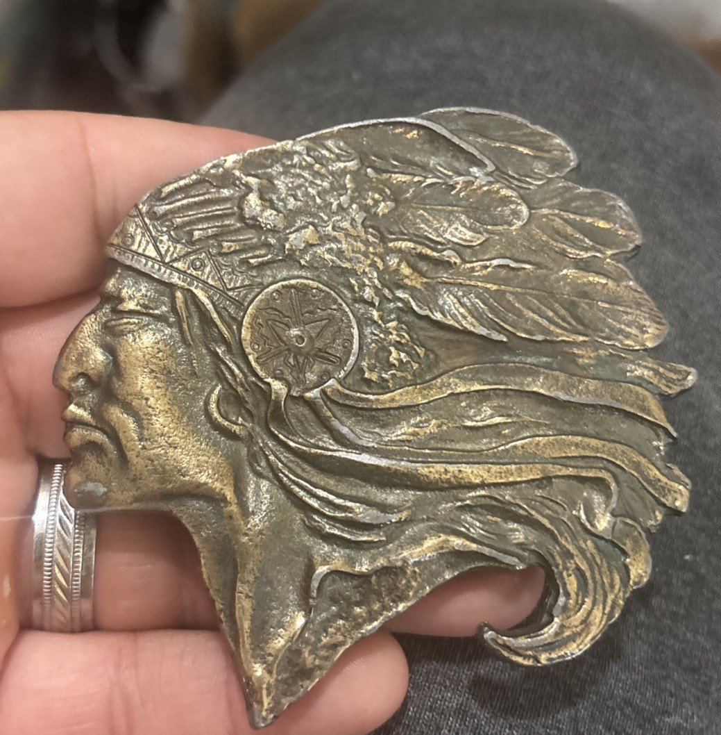 Vintage 1970s Wyoming Studio Art Works Native American Chief Belt Buckle