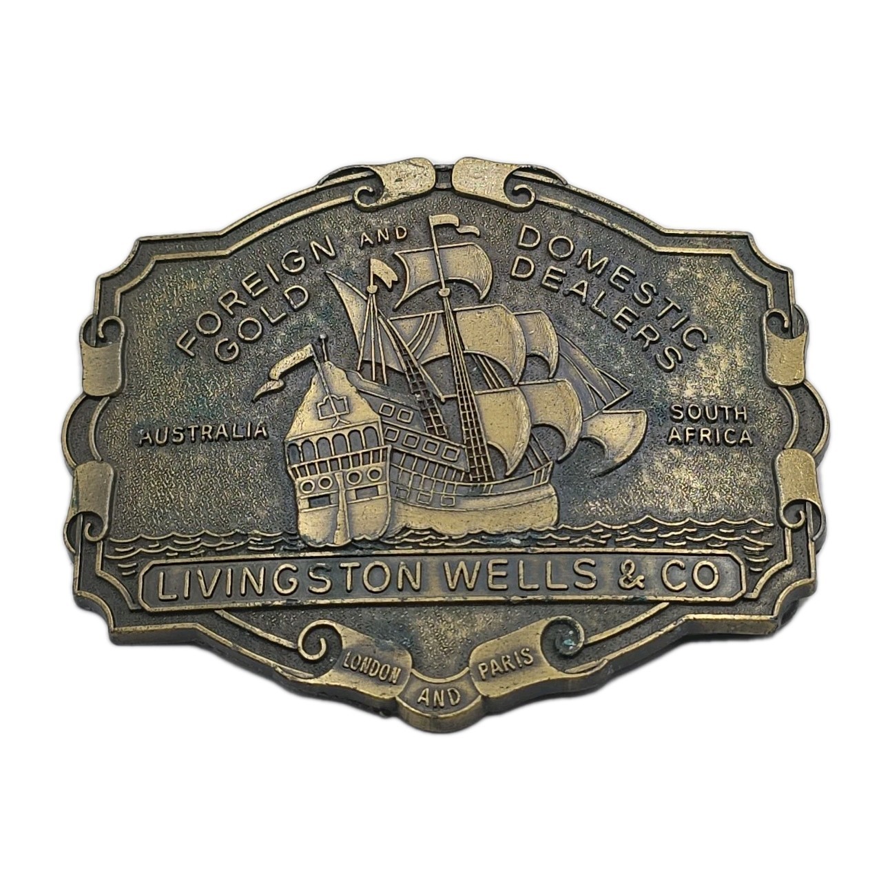 Livingston Wells & Co Nautical Sailing Ship Foreign Domestic Belt Buckle 3.5&Prime;