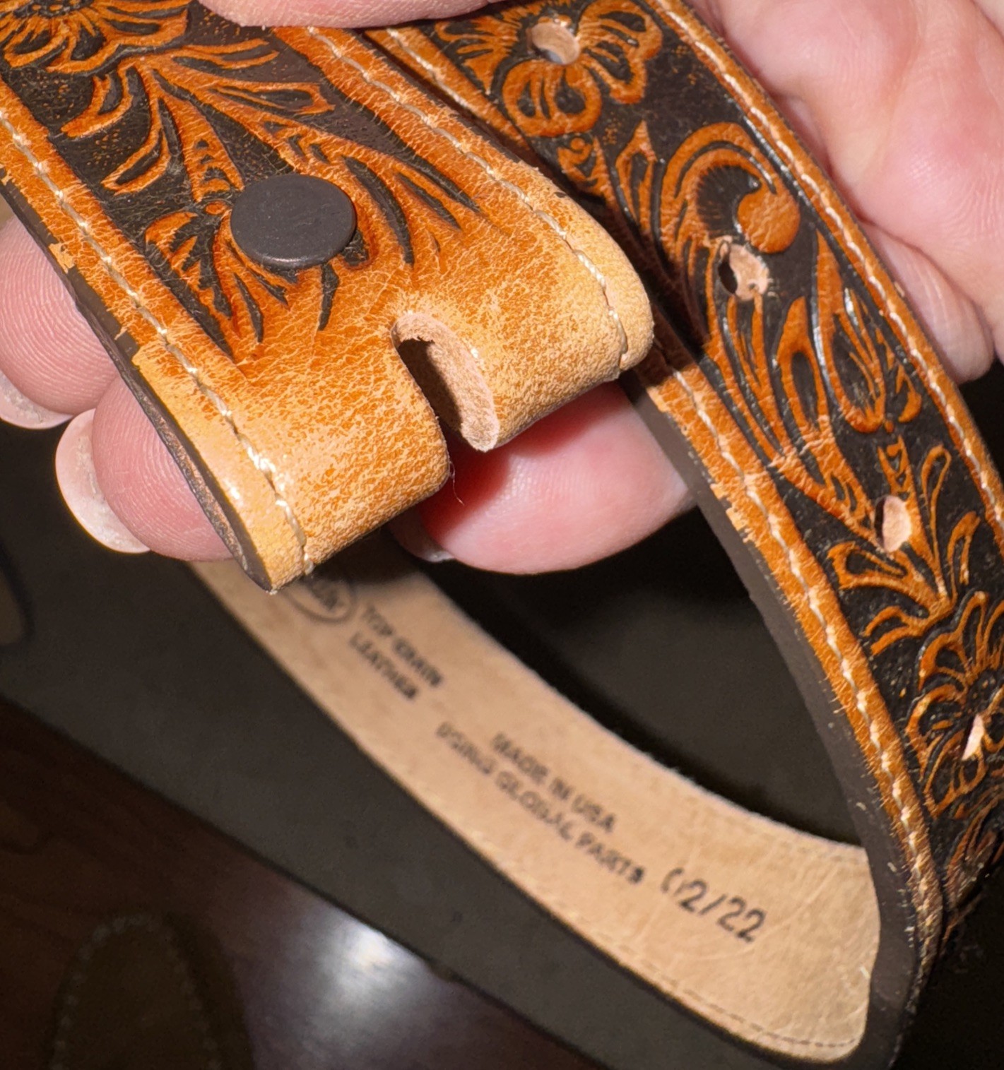 Justin Leather Kids Belt Size 22 Brown Tooled No Buckle