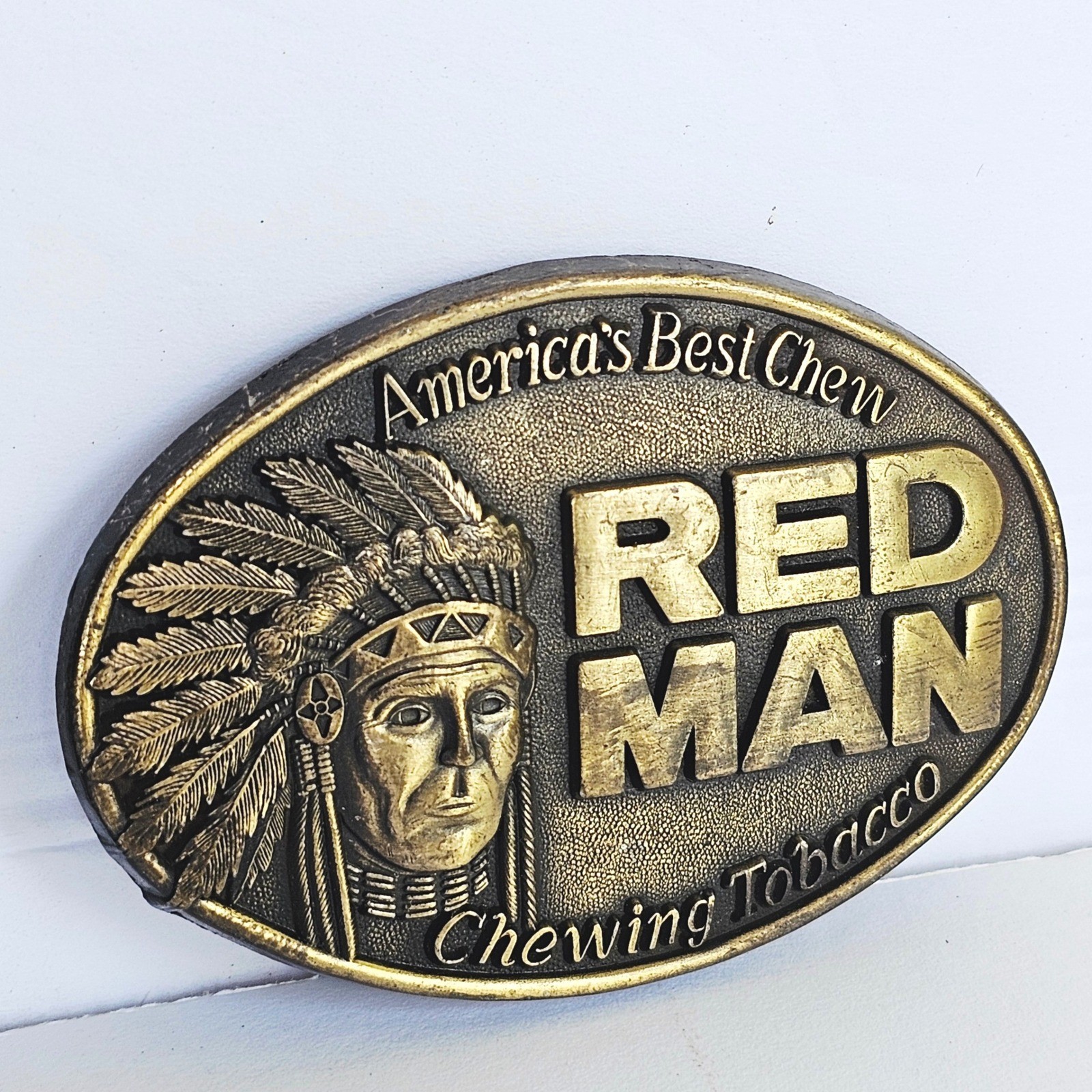 1988 Red Man Chewing Tobacco Belt Buckle Oval Brass Tone Western Americana Vtg