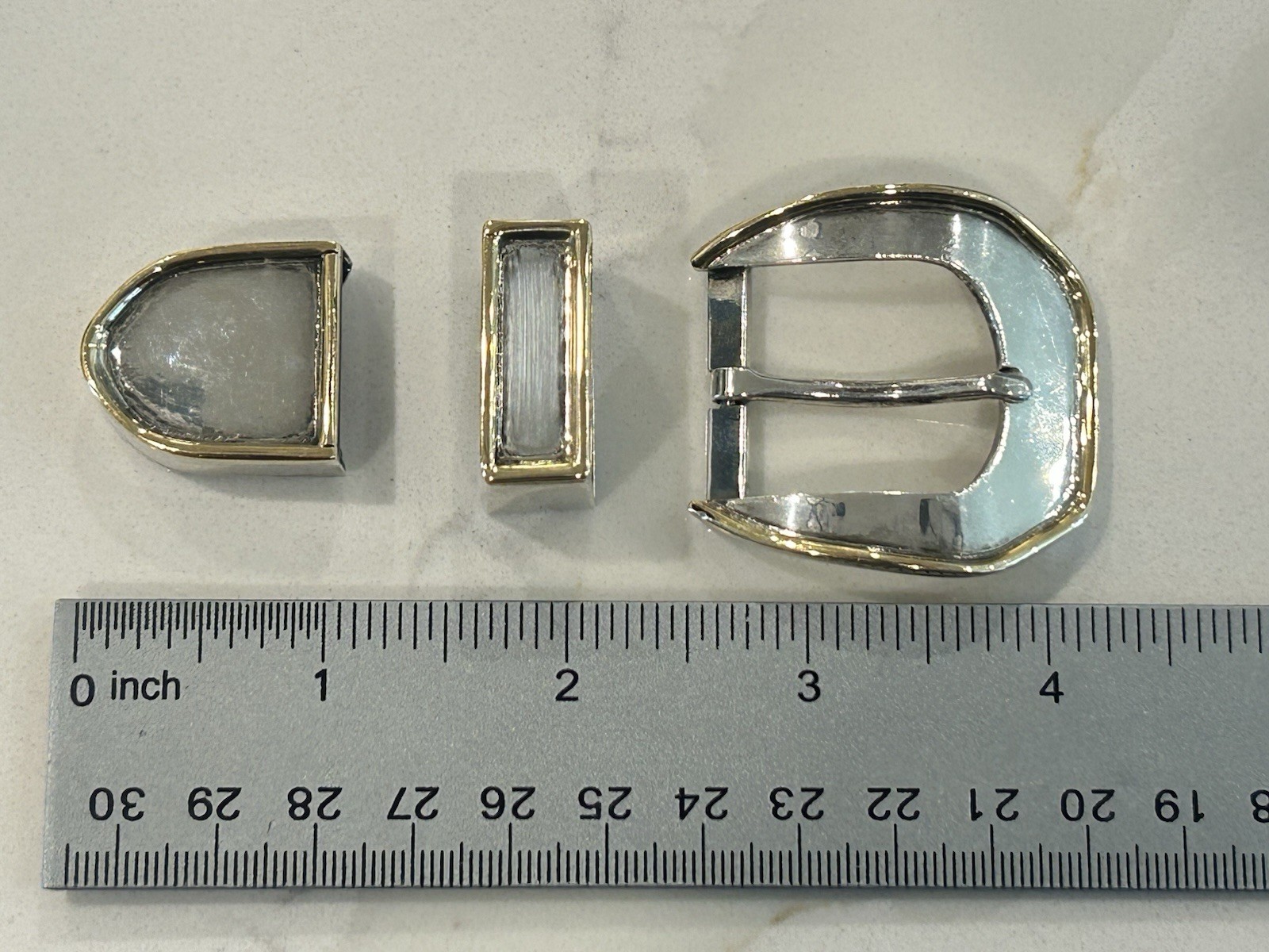 PAT AREIAS 925 Sterling & 18k Yellow Gold Modernist 3 Pc Belt Buckle Set