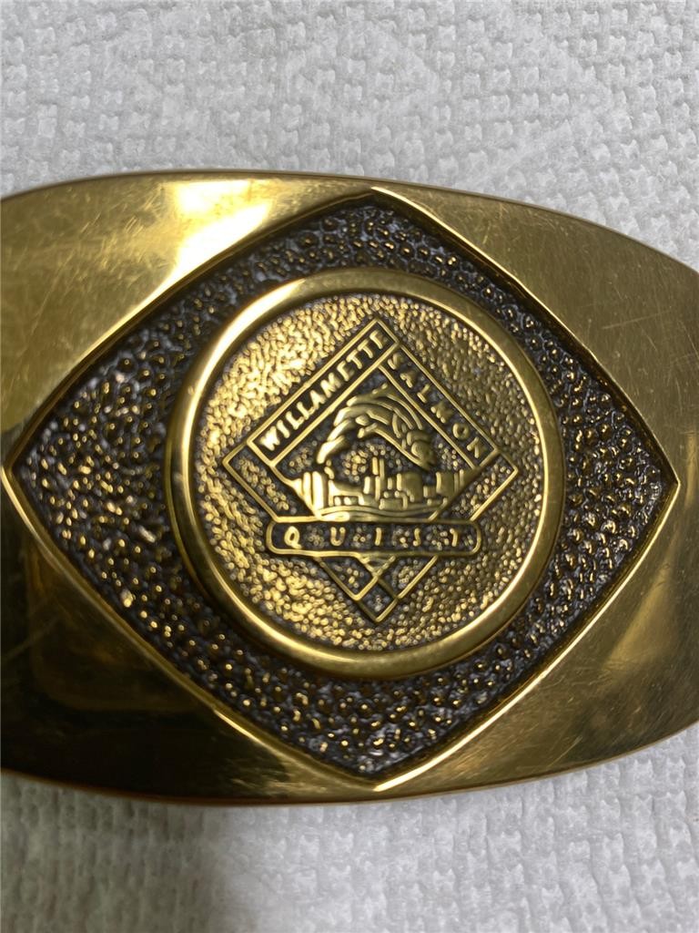 Vintage Solid Brass Williamette Salmon Quest Belt Buckle