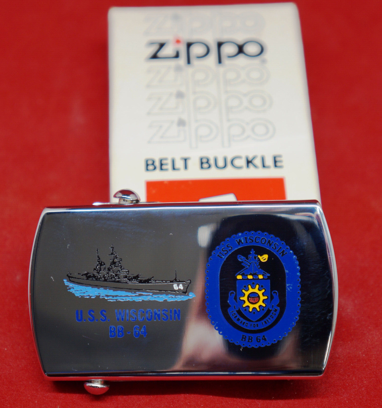 USS WISCONSIN BRASS BELT BUCKLE BY ZIPPO BRIGHT SILVER POSLISHED NEW BOXED ppd