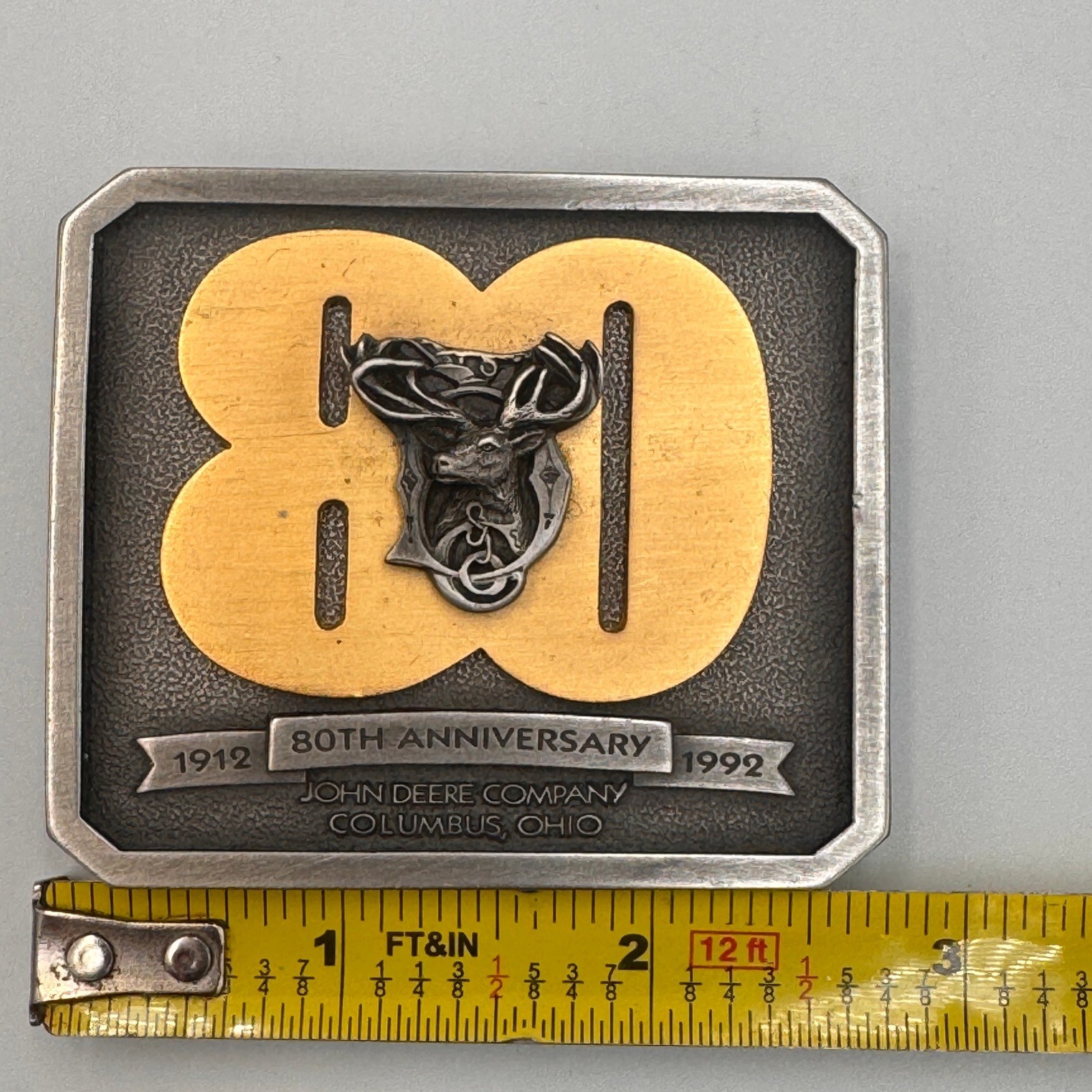Vintage John Deere 80th Anniversary Belt Buckle Columbus Ohio 1912-1992 #699