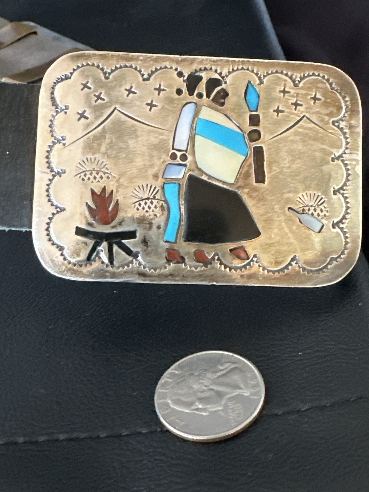 Turquoise Onyx Zuni Sterling Silver Sun Face Inlay Old Pawn Belt 40&Prime; 17406