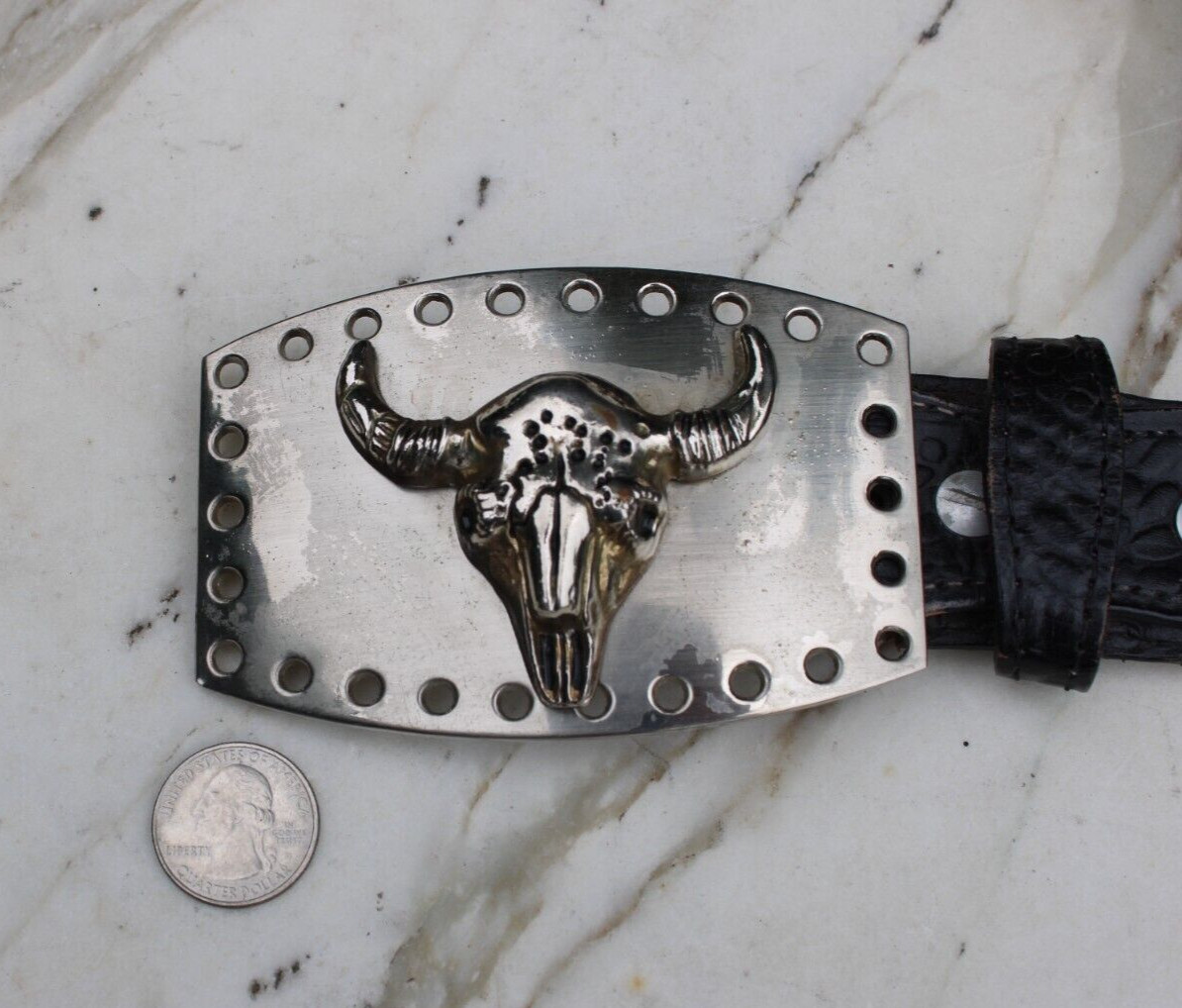 Silver Toned Metal Bull Steer Cow Head Face Belt Buckle & Leather Belt