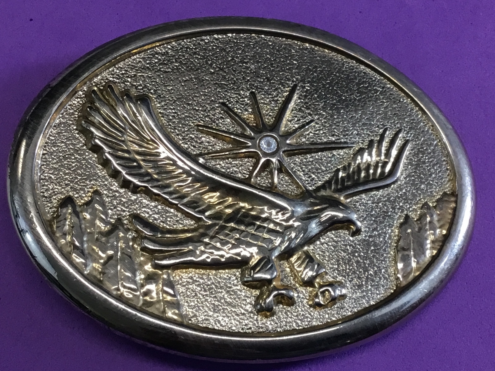 Vintage patriotic flying classic Bald Eagle with sun starburst belt buckle