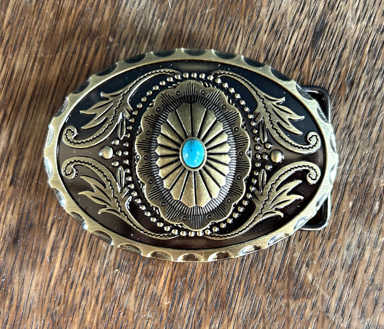 Turquoise Western Belt Buckle Antique Brass Engraved Oval Cowboy Style