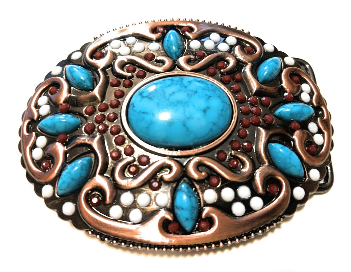 ✖ HQ NATIVE AMERICAN copper turquoise Cowboy Rodeo Style Belt Buckle Heritage US