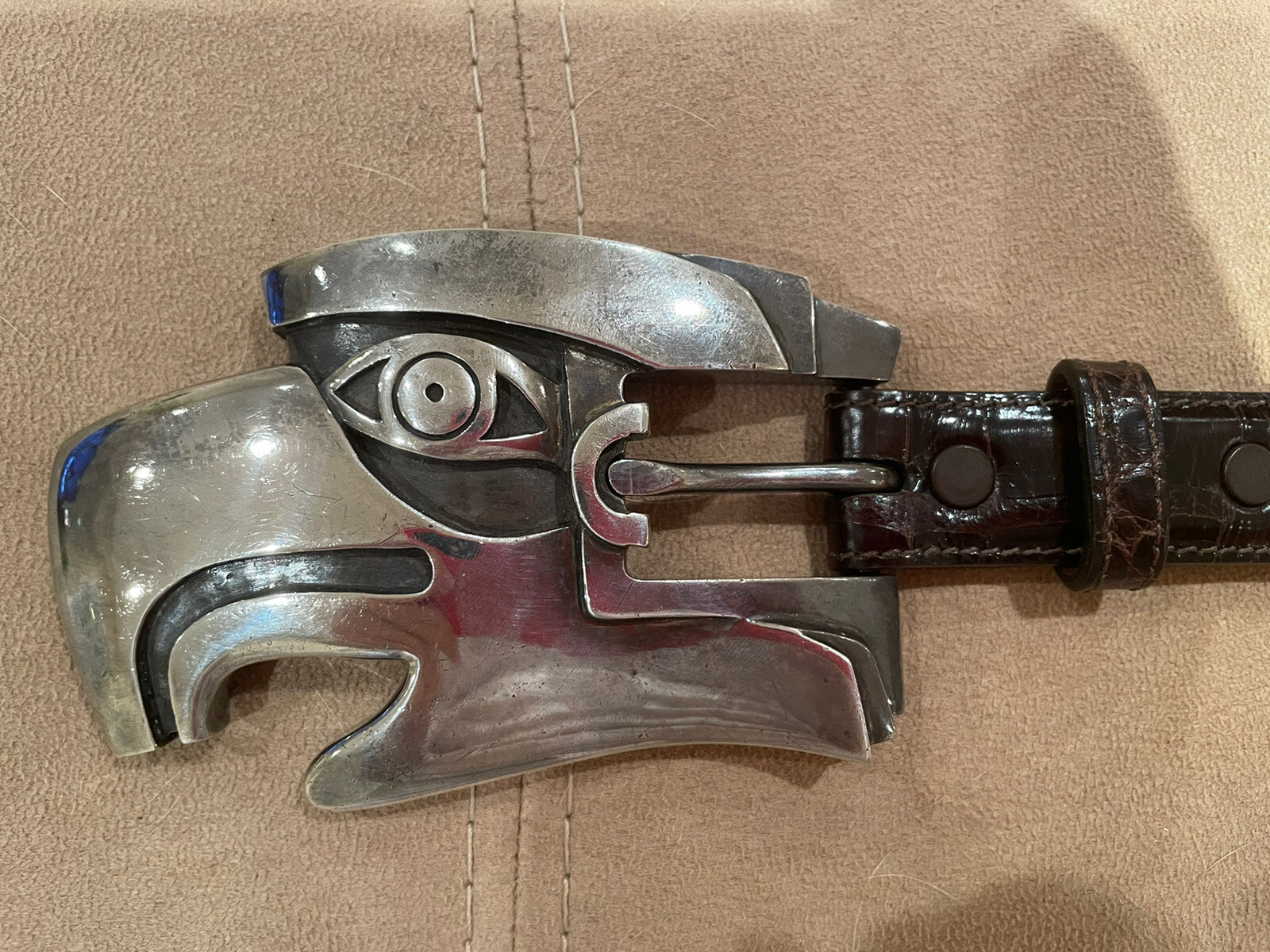 Huge! RARE! Kieselstein Sterling Eagle/Hawk Buckle W/Brown Alligator Belt Size 2