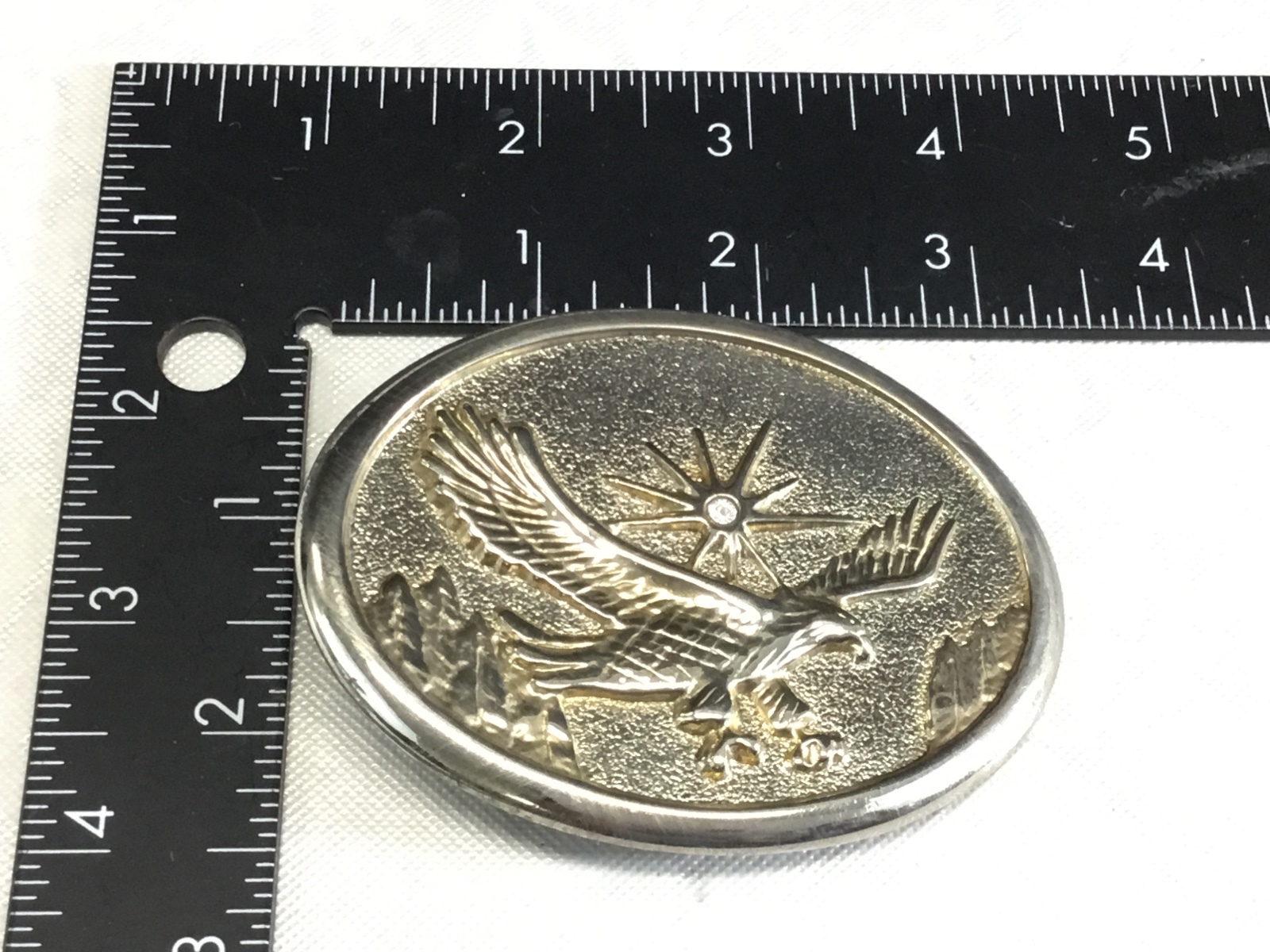 Vintage patriotic flying classic Bald Eagle with sun starburst belt buckle