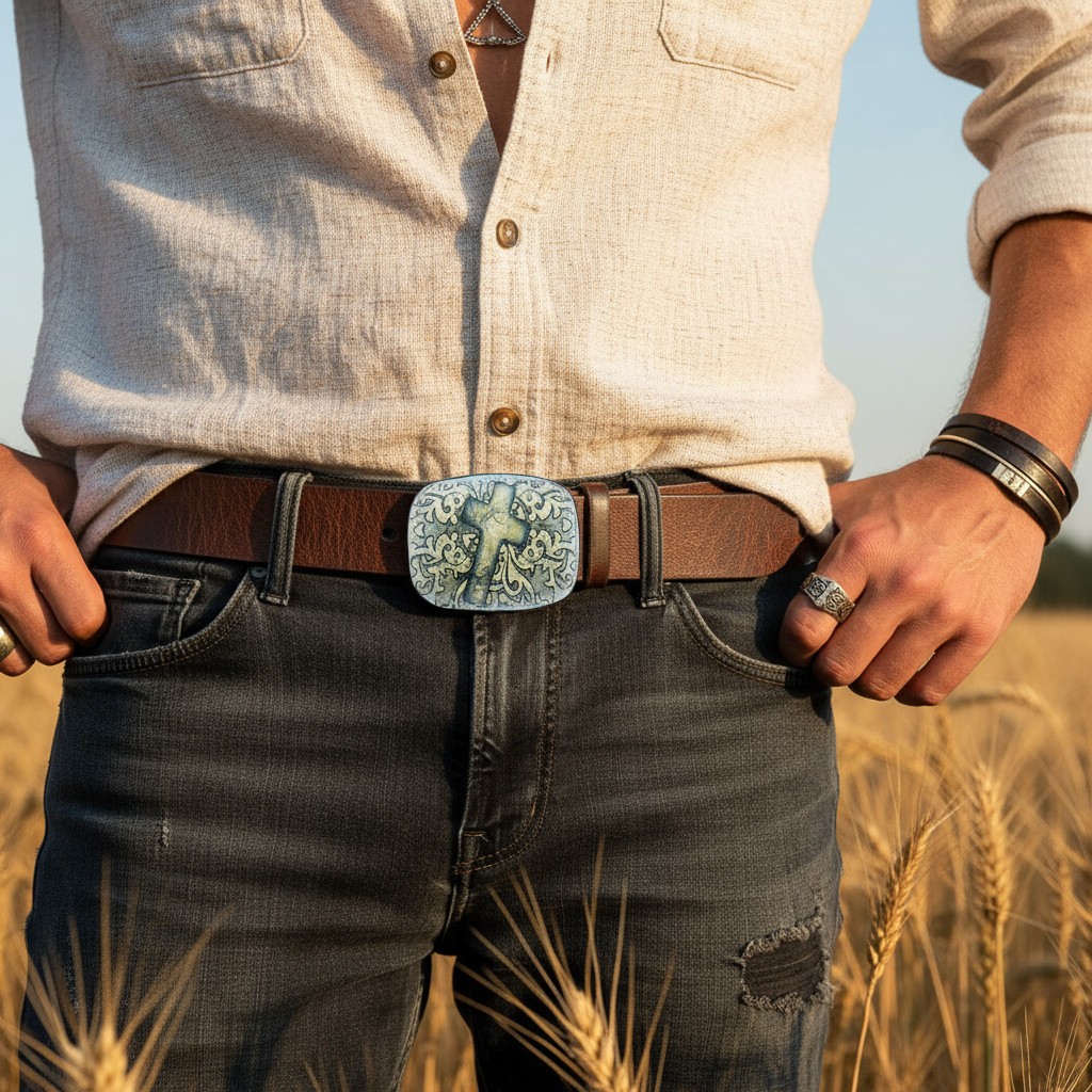 Men Women Belt Buckle Black Faux Leather Religious Cross Western Weekend Style
