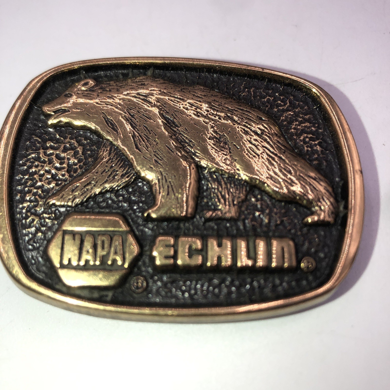 Vintage NAPA Echlin Grizzly Bear Belt Buckle & Lapel Pin Lot – Made in U.S.A.