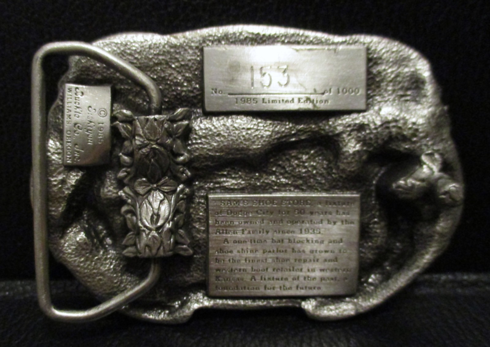 Dodge City Kansas SAM&rsquo;S SHOE STORE 1985 Pewter Belt Buckle Allen Cowboyboy Boots