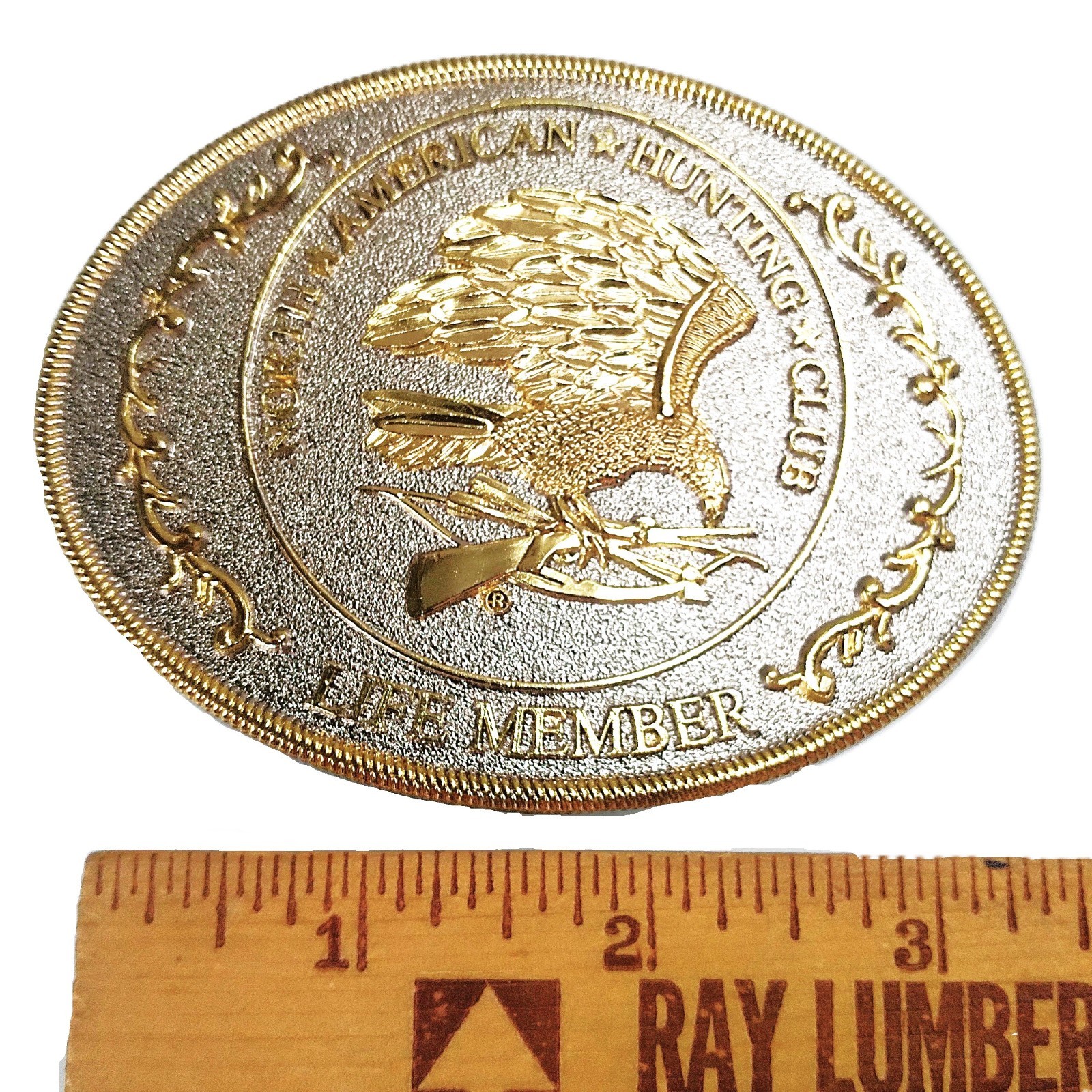 NORTH AMERICAN HUNTING CLUB Belt Buckle Gold & Silver Tone Eagle Bow Arrow Rifle