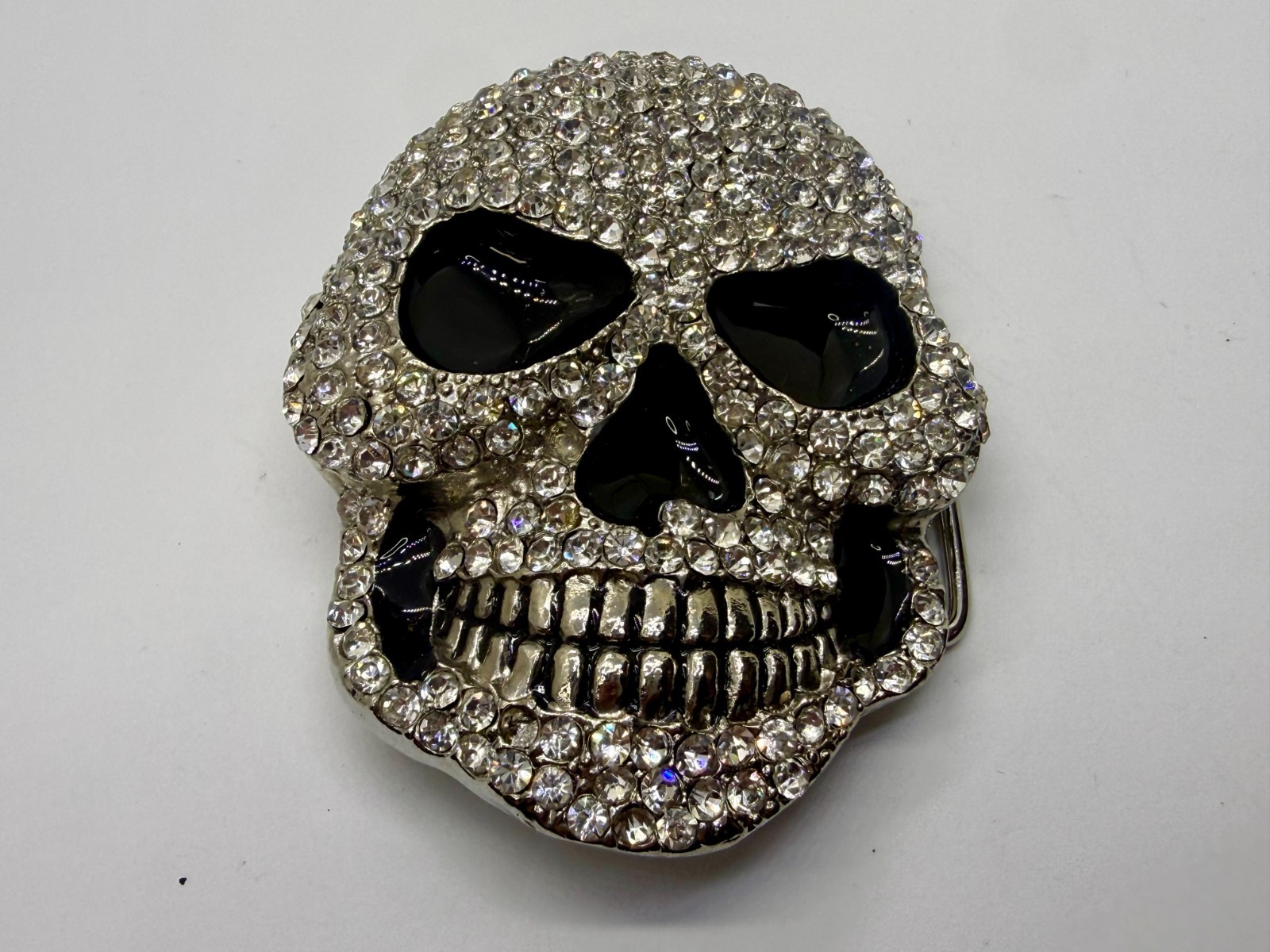 Creepy Skull Grinning Teeth Black Enamel Clear Rhinestone Covered Belt Buckle