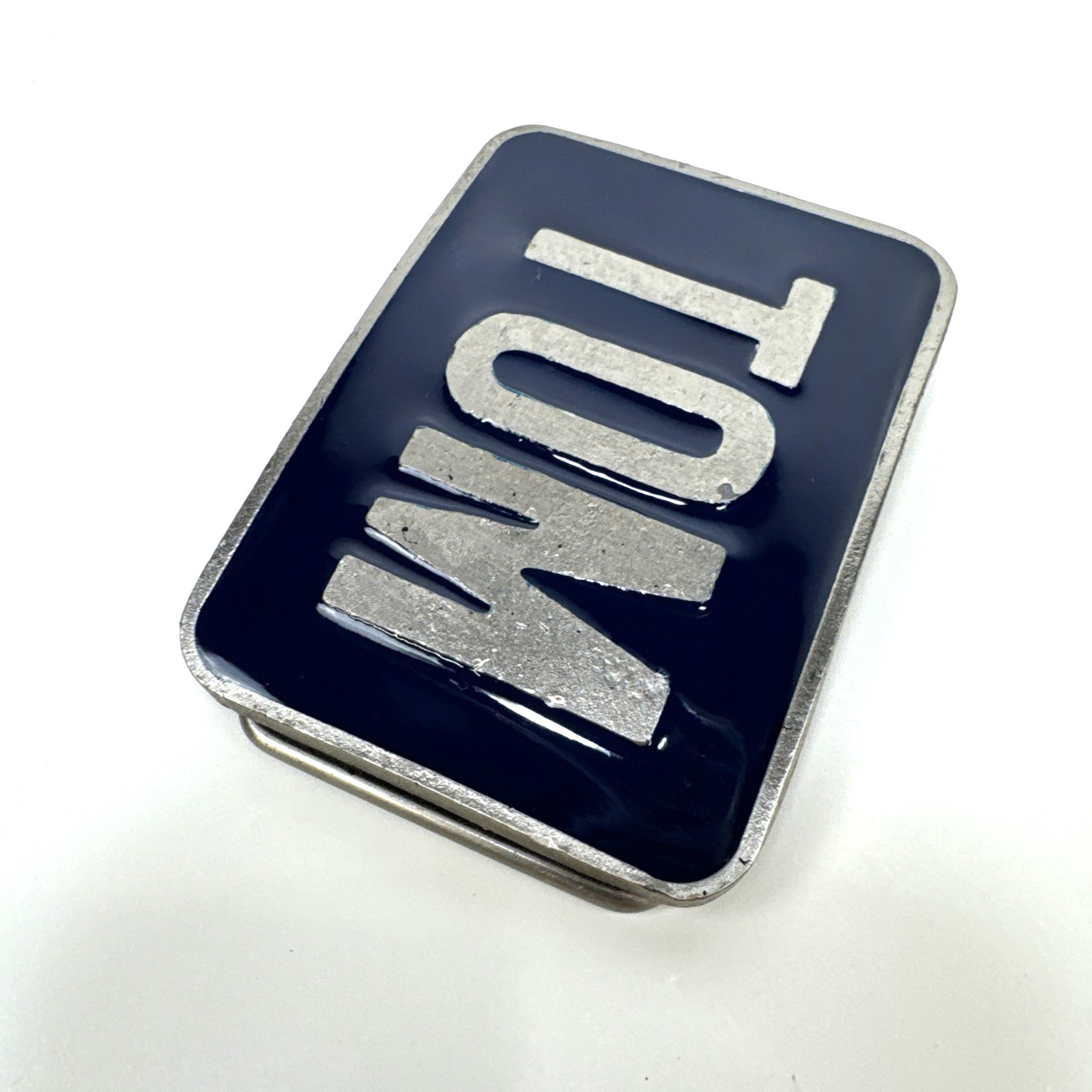 Vintage Metal Belt Buckle Blue Name Tom