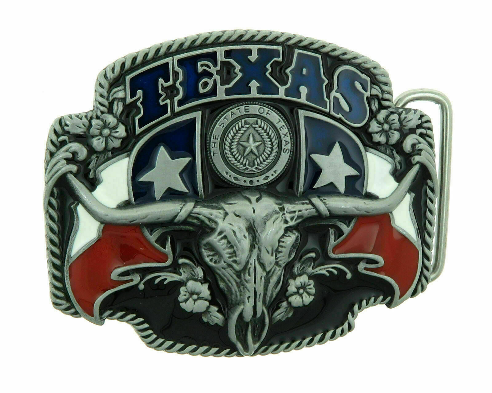 Texas State Flags Long Horn Bull Western Cowboy Enamel Metal Belt Buckle