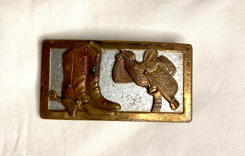Very Rare Vintage Western Brass Saddle & Buckaroo Boots Cowboy Belt Buckle