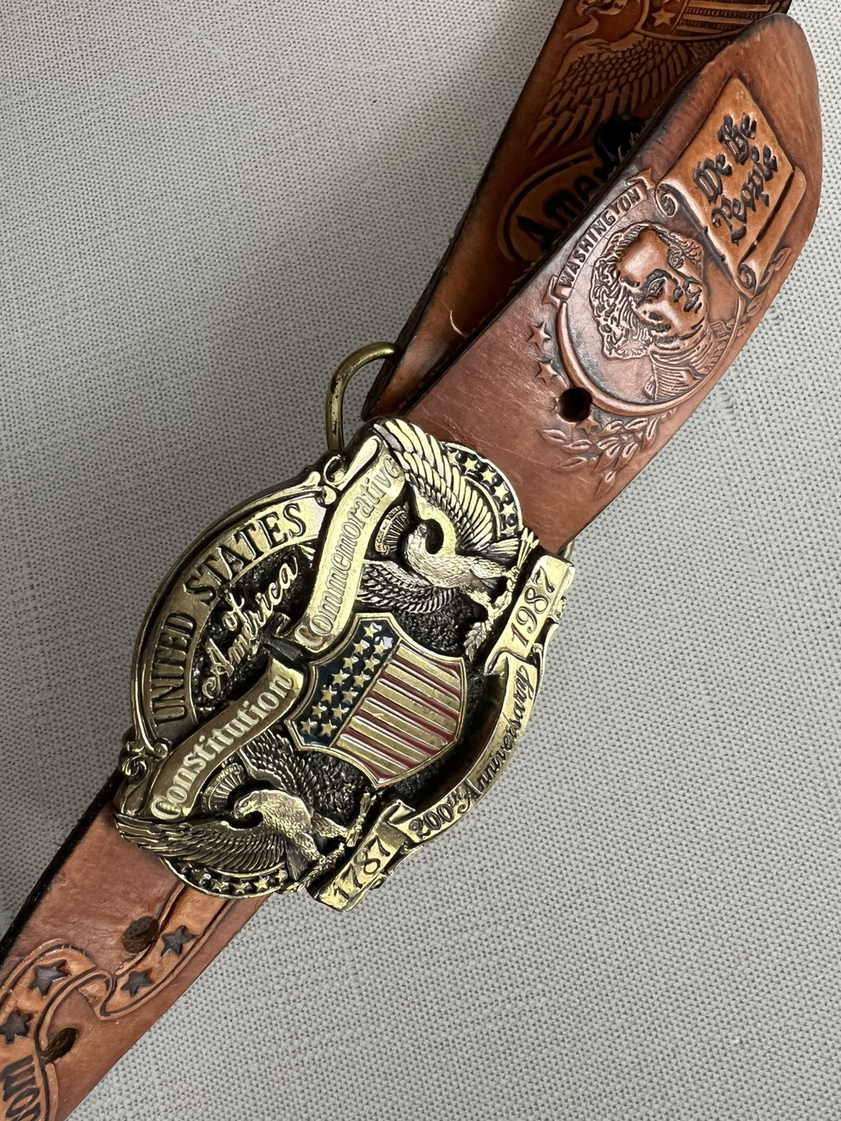 USA commerative 200th anniversary leather belt & buckle, Sz M 34-36, America!