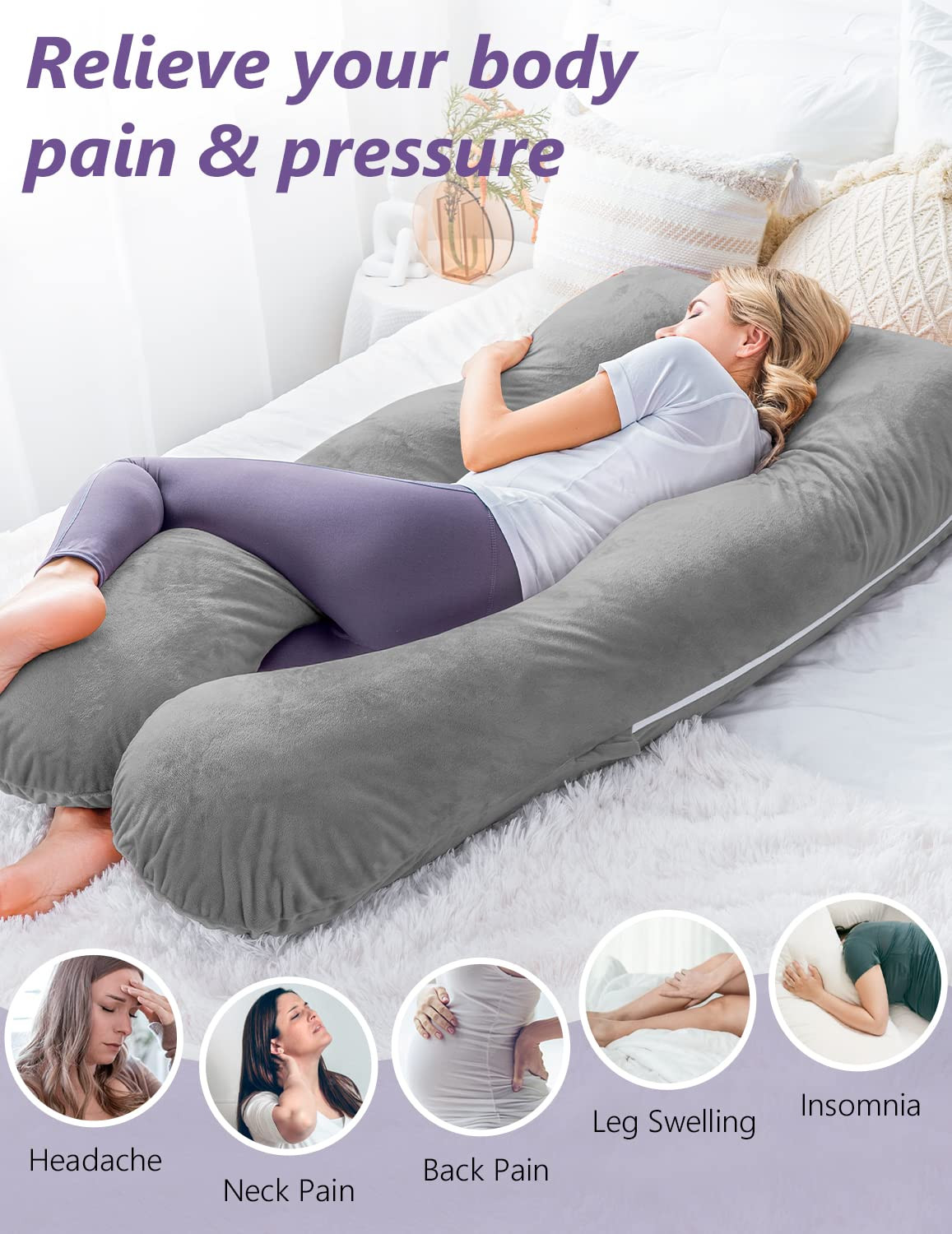 Pregnancy Pillow, U Shaped Pregnancy Body Pillow with Zipper Removable Cover (Gr