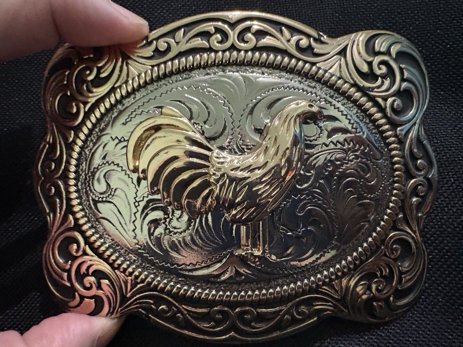 Western Rooster Floral Engraved Belt Buckle Gold/Silver Metal Fits 1.5in Belt