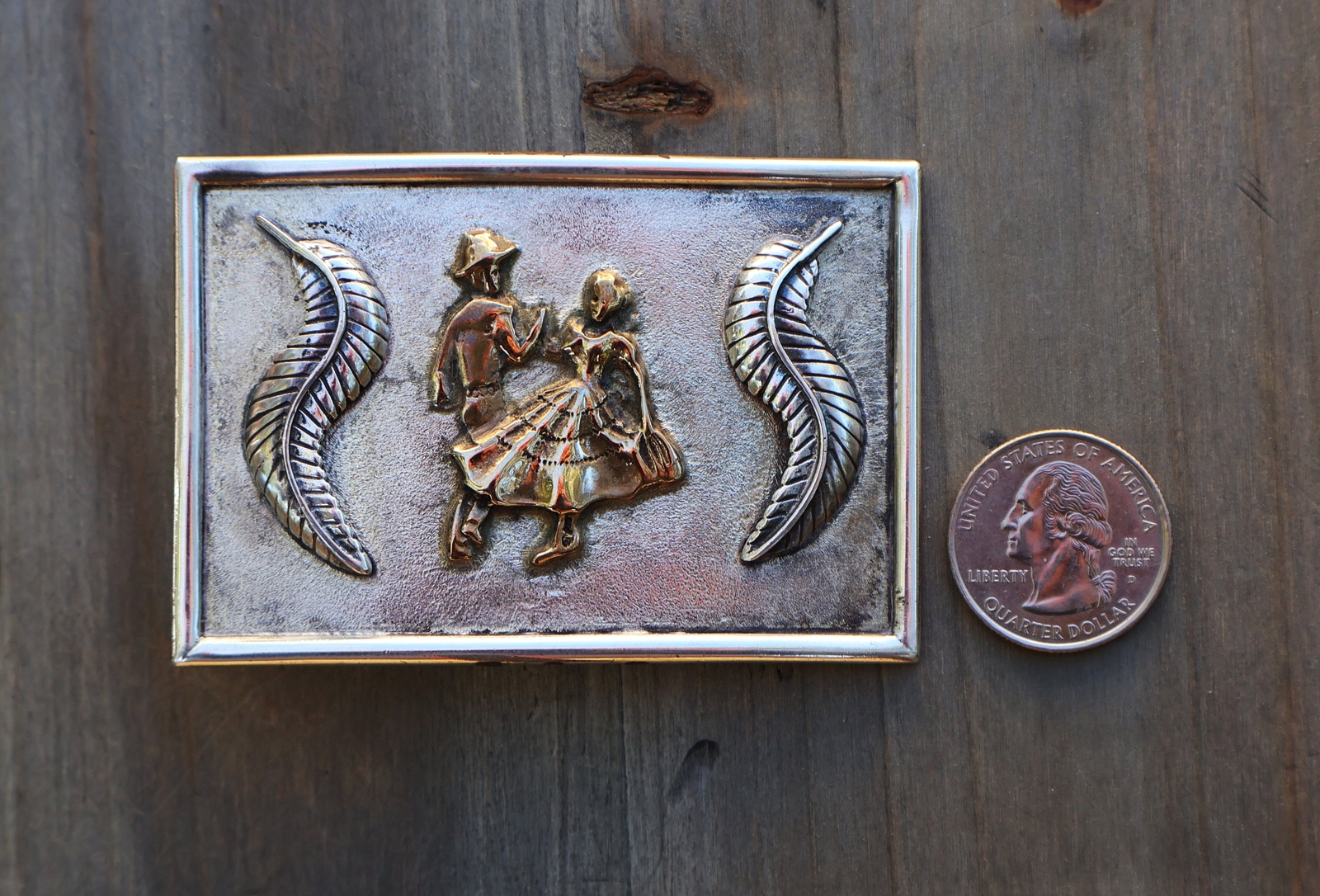 Large Vintage Sterling Square Dancer Belt Buckle 65 grams 3 3/16 X 2 1/8 inches
