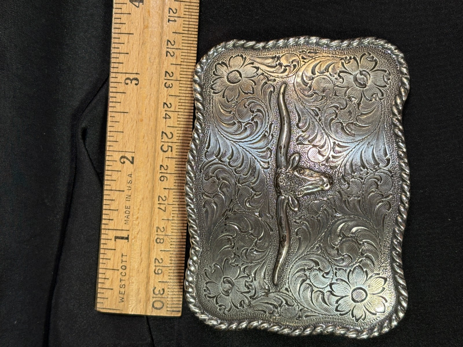 Nocona Longhorn Silver Tone Belt Buckle Etched, Roped Edge- REDUCED!