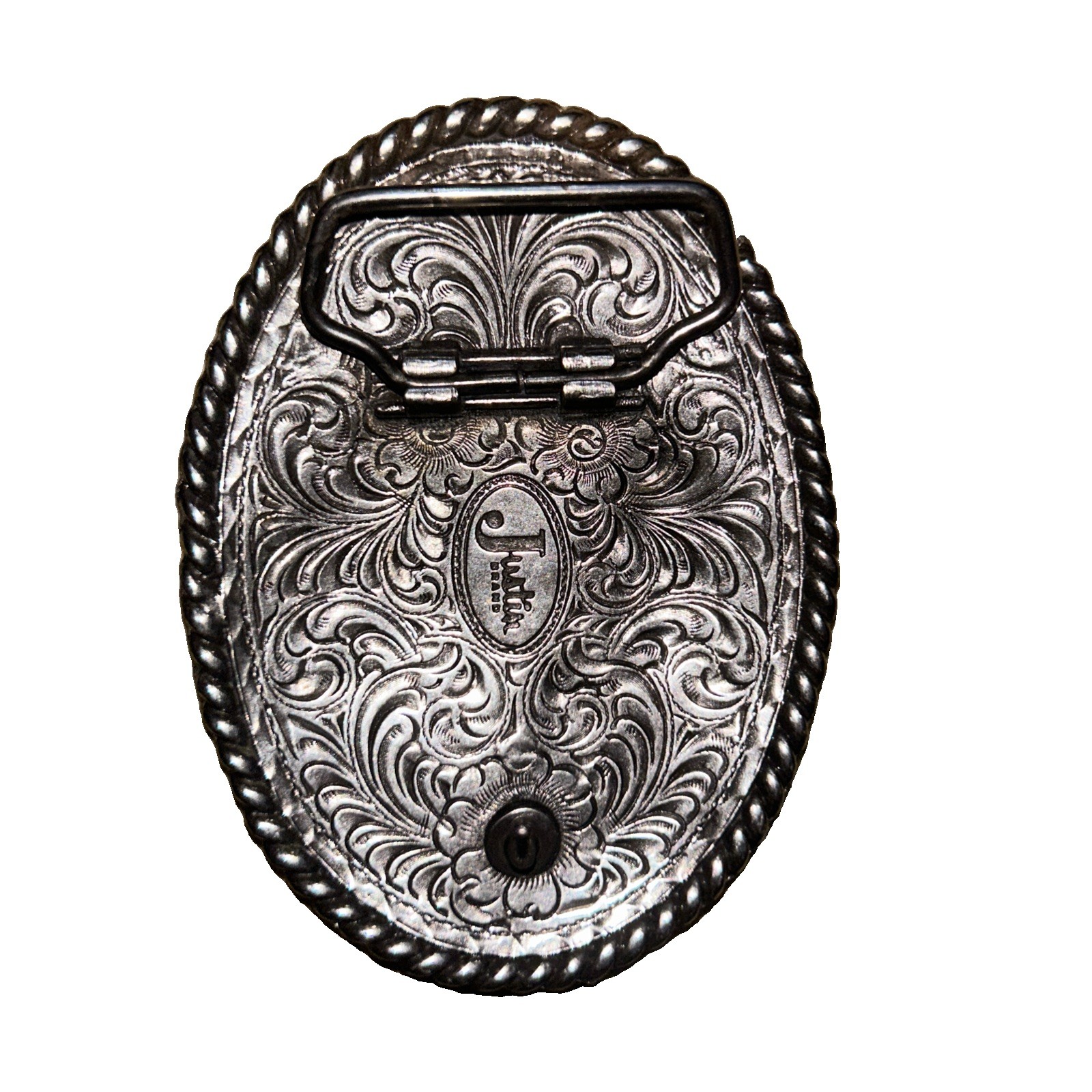 JUSTIN SIGNATURE OVAL SILVER-TONE WESTERN BUCKLE