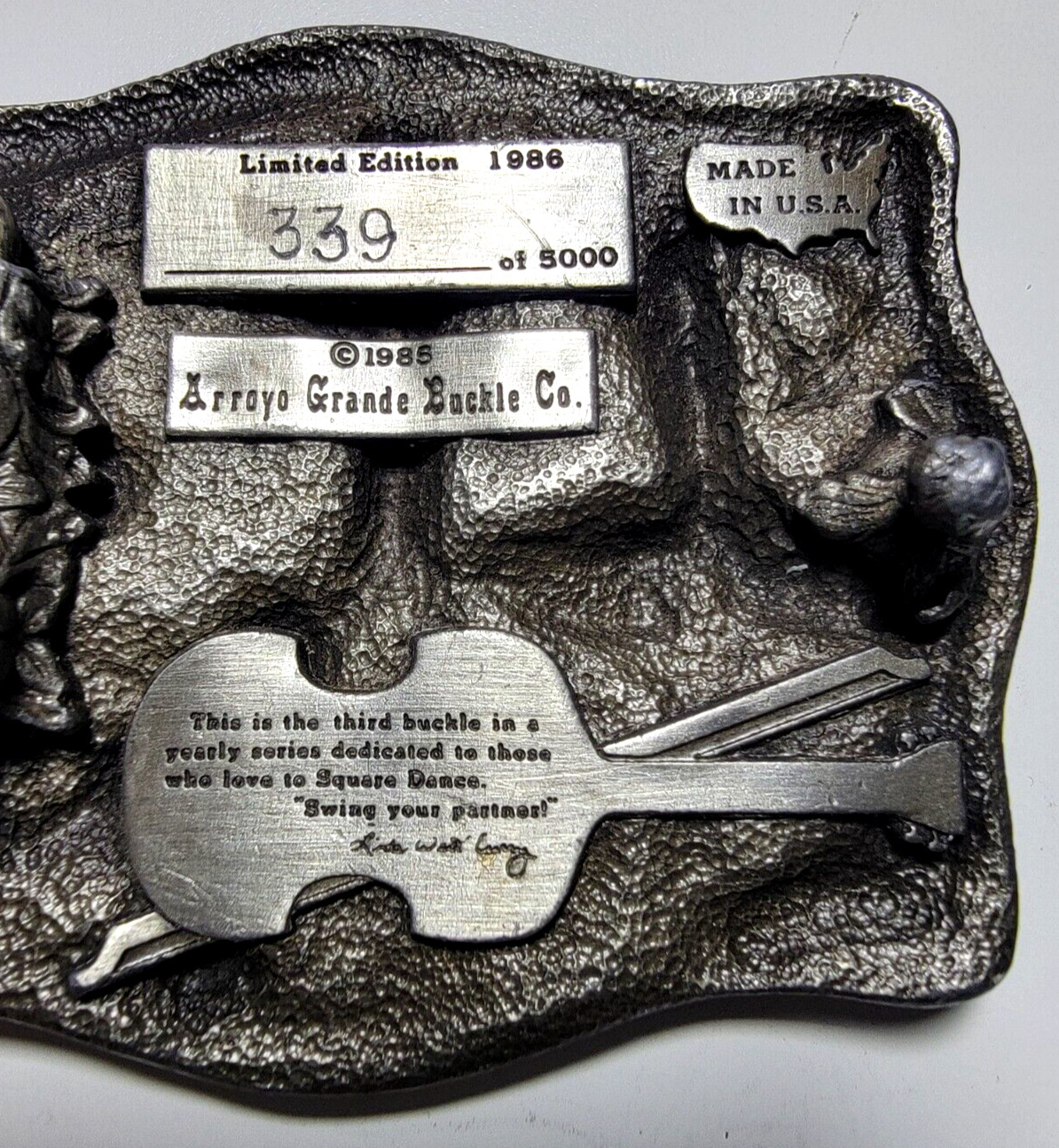 Arroyo Grande Belt Buckle Square Dancing #339 1985 Pewter 3.25&Prime;x2 5/8&Prime; Fit 1.75
