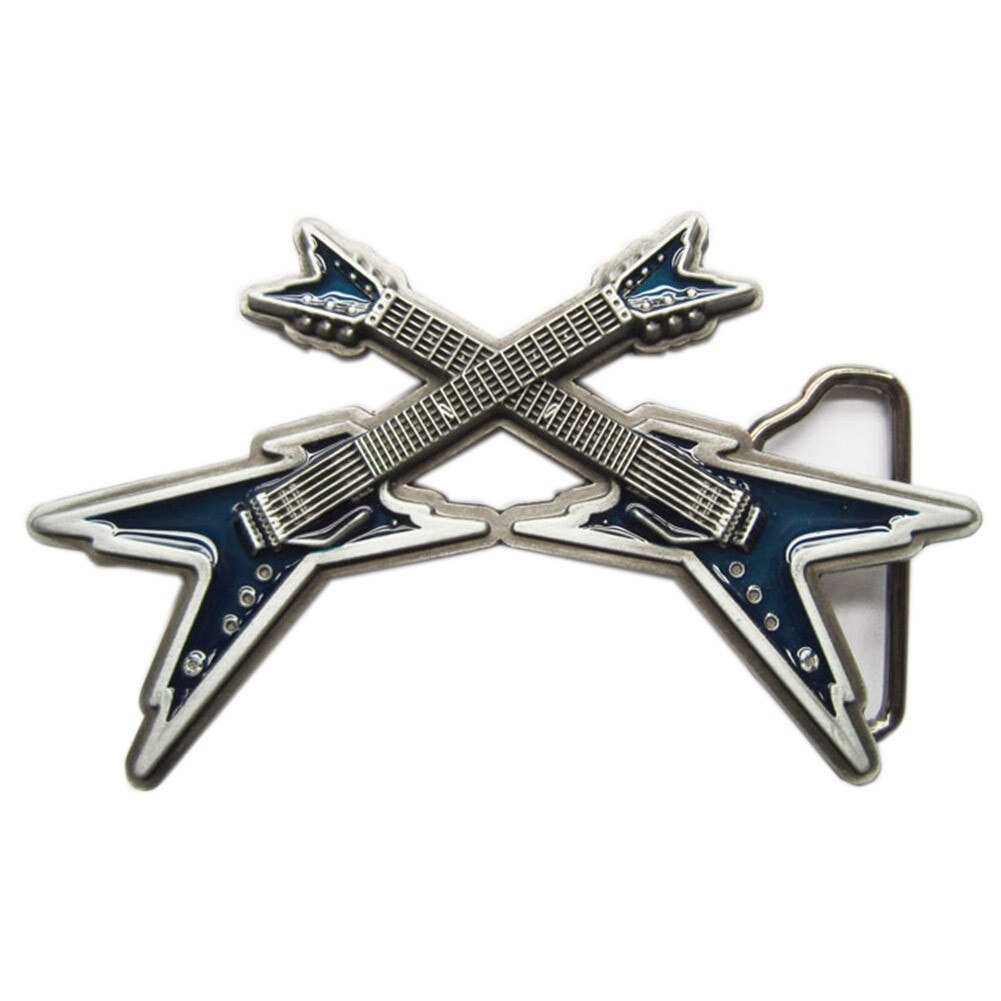 Crossed Electric Guitars Heavy Metal Rock & Roll Music Blue Enamel Belt Buckle