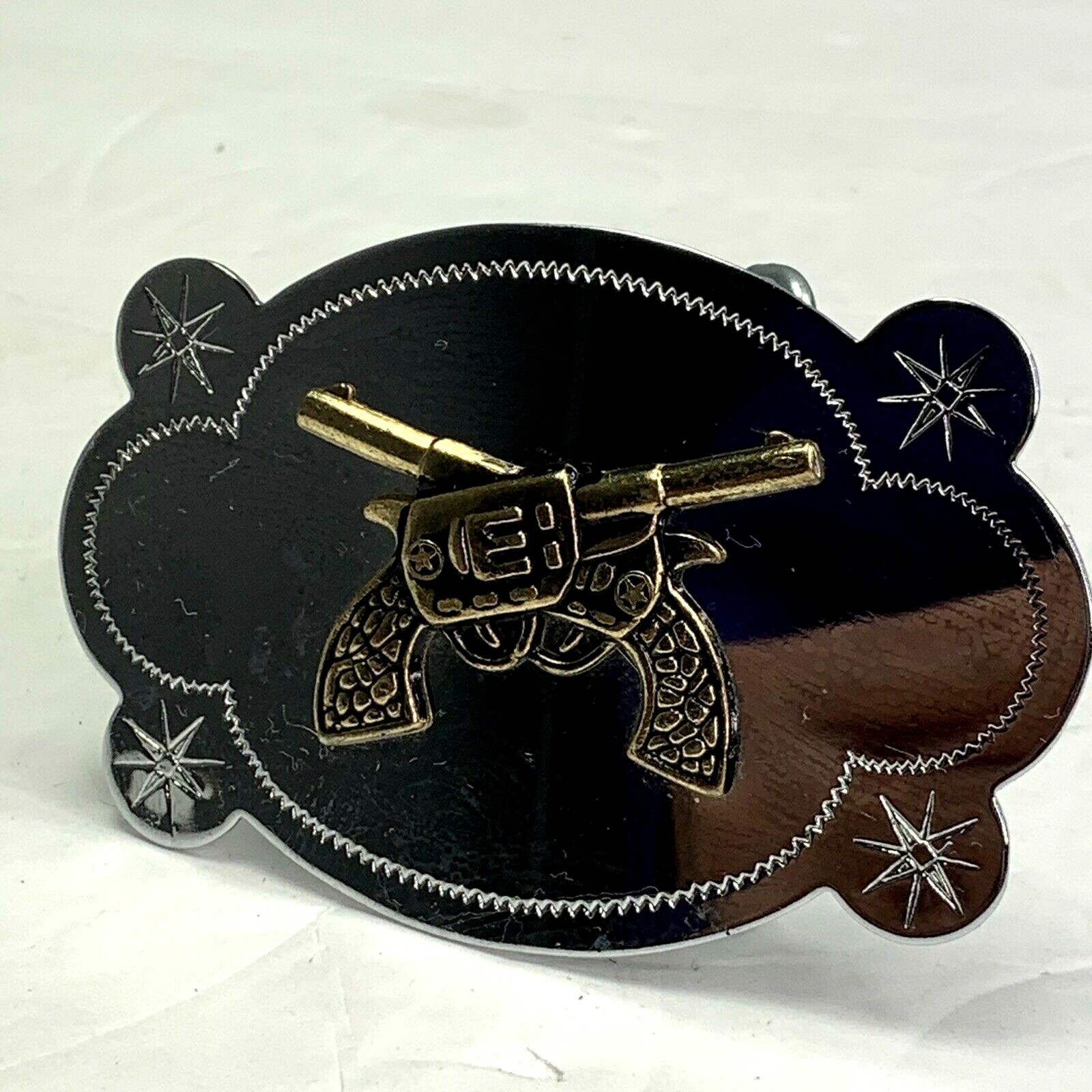 Gun Belt Buckle Double Pistols Silver Tone Hong Kong 4&Prime; Metal Western Wear