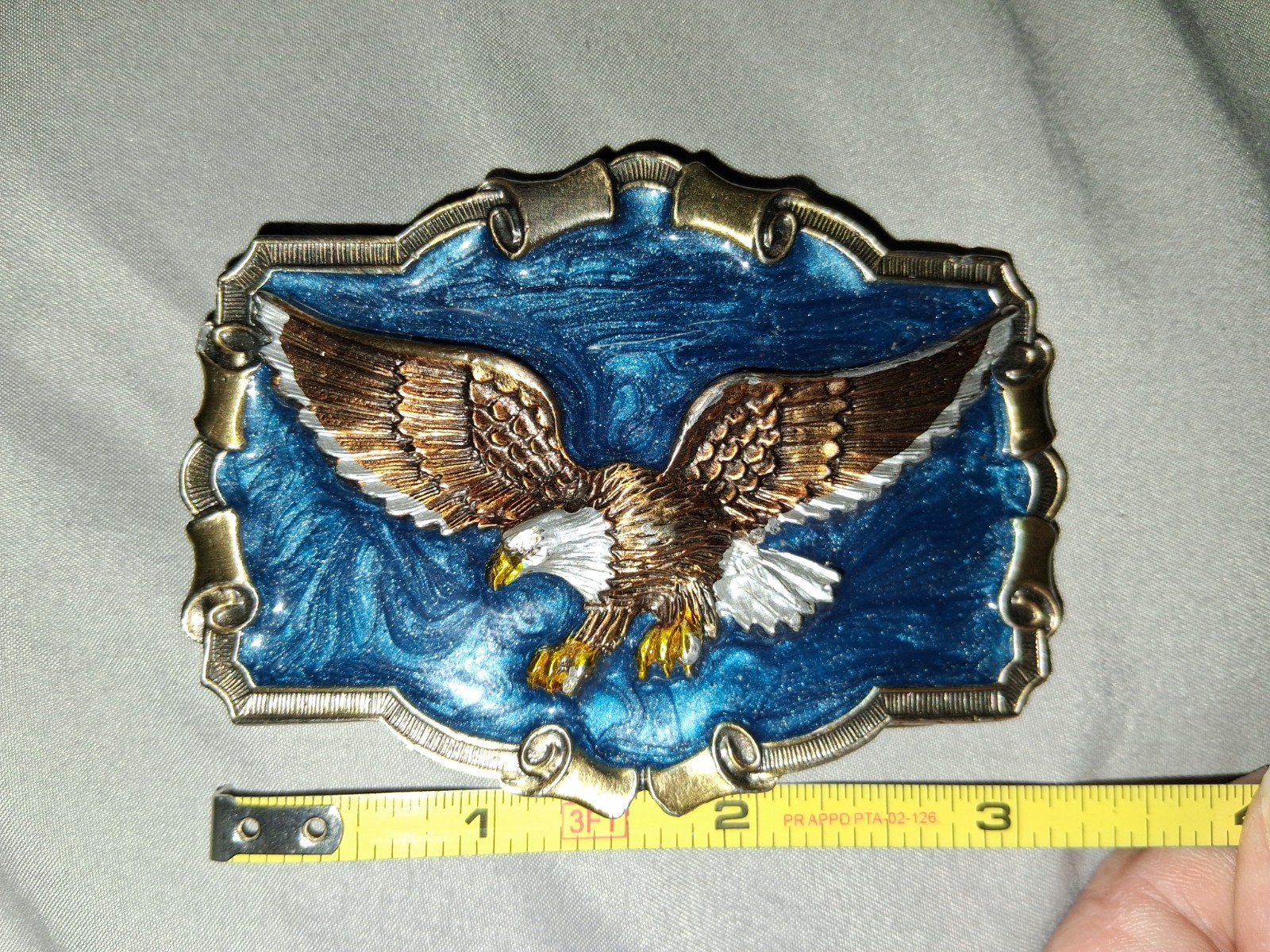 Vintage Bald Eagle Belt Buckle Blue Enamel Silver‑Tone Trim 1983 USA QD1243
