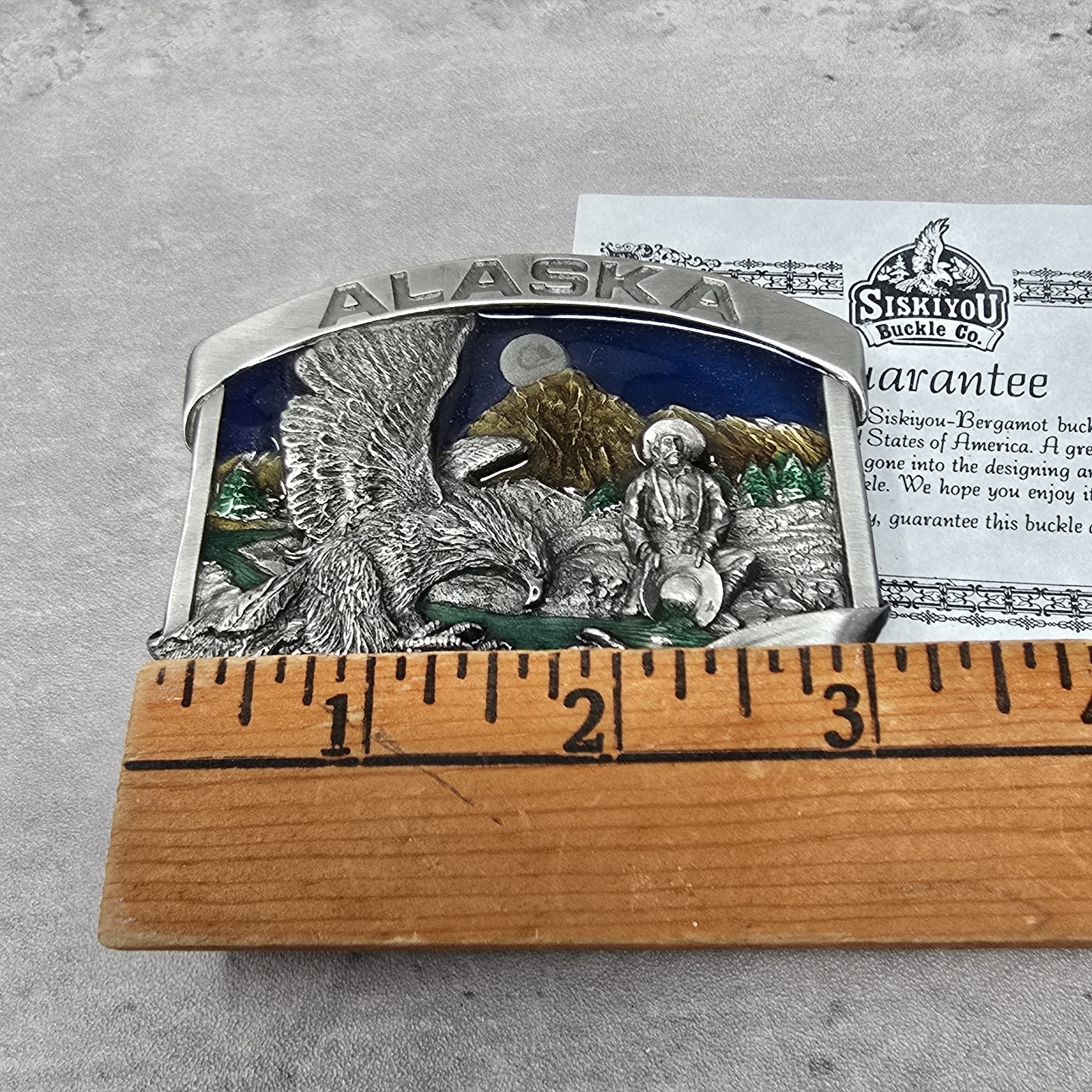 Vintage 1984 Alaska Eagle Gold Miner 3D Color Siskiyou Pewter Belt Buckle Enamel