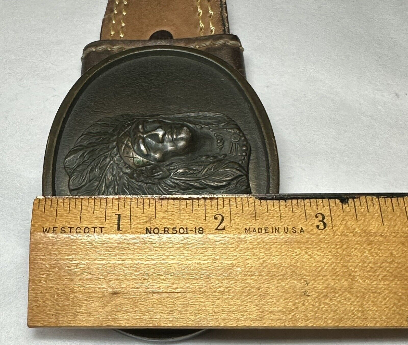 INDIAN CHIEF Belt Buckle BRASS Native American Made in USA Western Vintage VTG