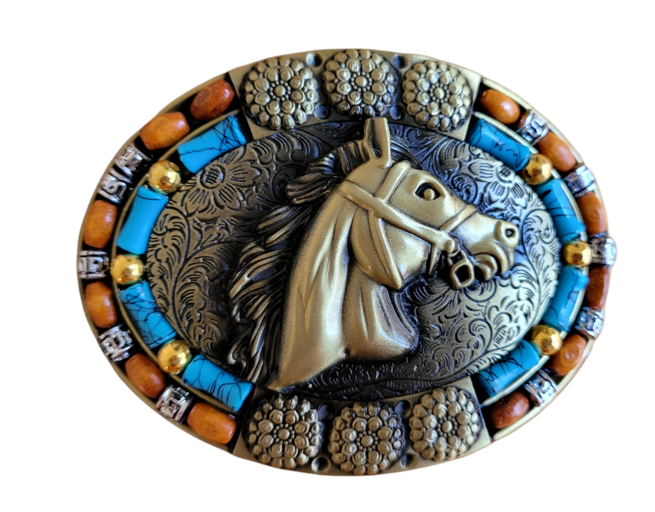 Brass Finish Southwest Horse Head Buckle Western Turquoise Stone Belt Buckle