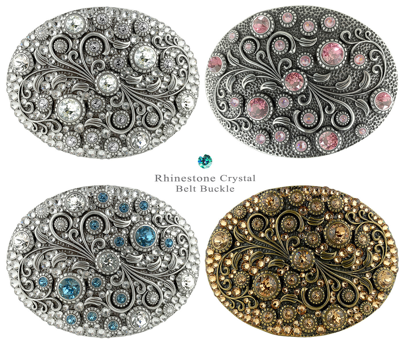 Rhinestone Crystal Belt Buckle Oval Floral Engraved Buckle Fits 1-1/2&Prime;(38mm)