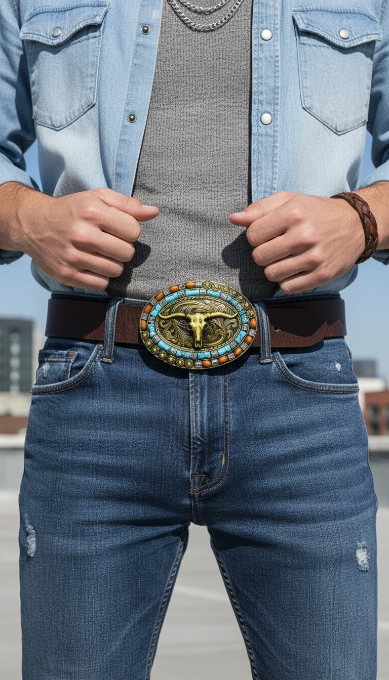 New Men Women Rusty Gold Metal Buckle Western Fashion Bull Long Horns Cow Texas
