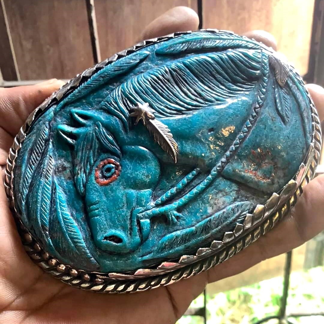 American Vintage Horse Design Sterling Silver Turquoise Coral Belt Buckle