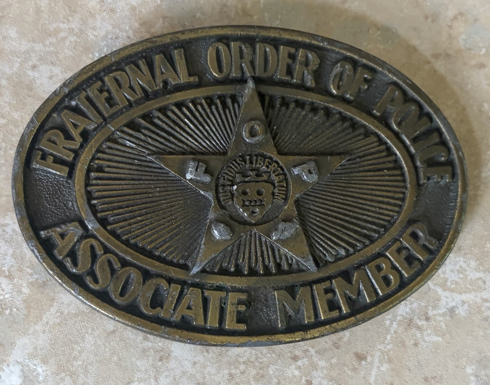 Vintage 1970s Fraternal Order of Police WESTERN buckle SOLID BRASS Cowboy *Worn*
